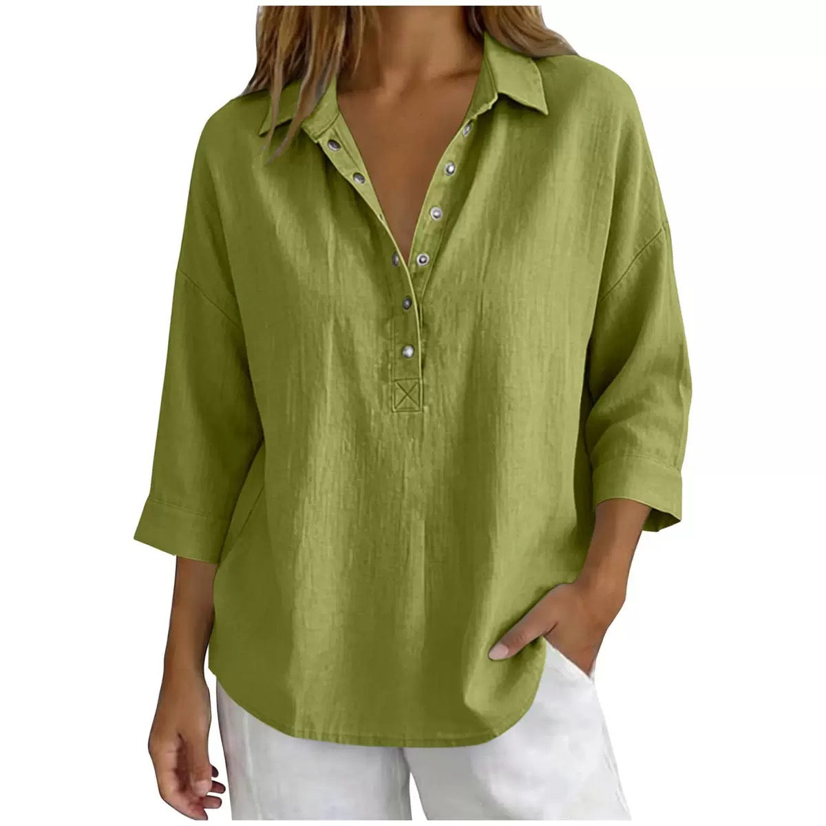 New Arrival🔥 Women's Casual Linen Blend Henley 3/4 Sleeve Shirt