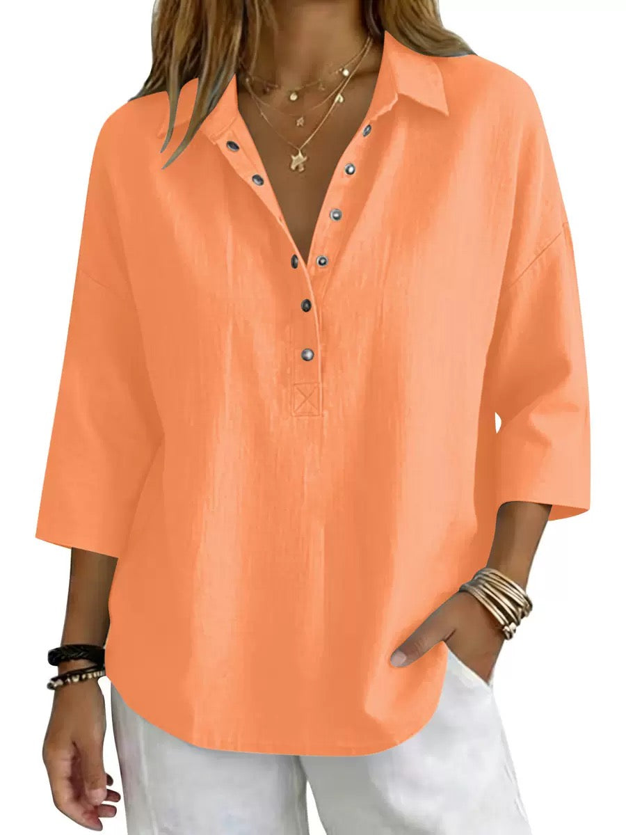 New Arrival🔥 Women's Casual Linen Blend Henley 3/4 Sleeve Shirt