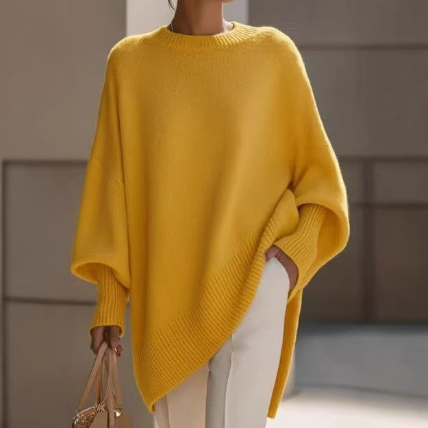 Oversized Crew Neck Knit Sweater Women, Loose Lazy Style Batwing Sleeve Asymmetric Hem Pullover Jumper