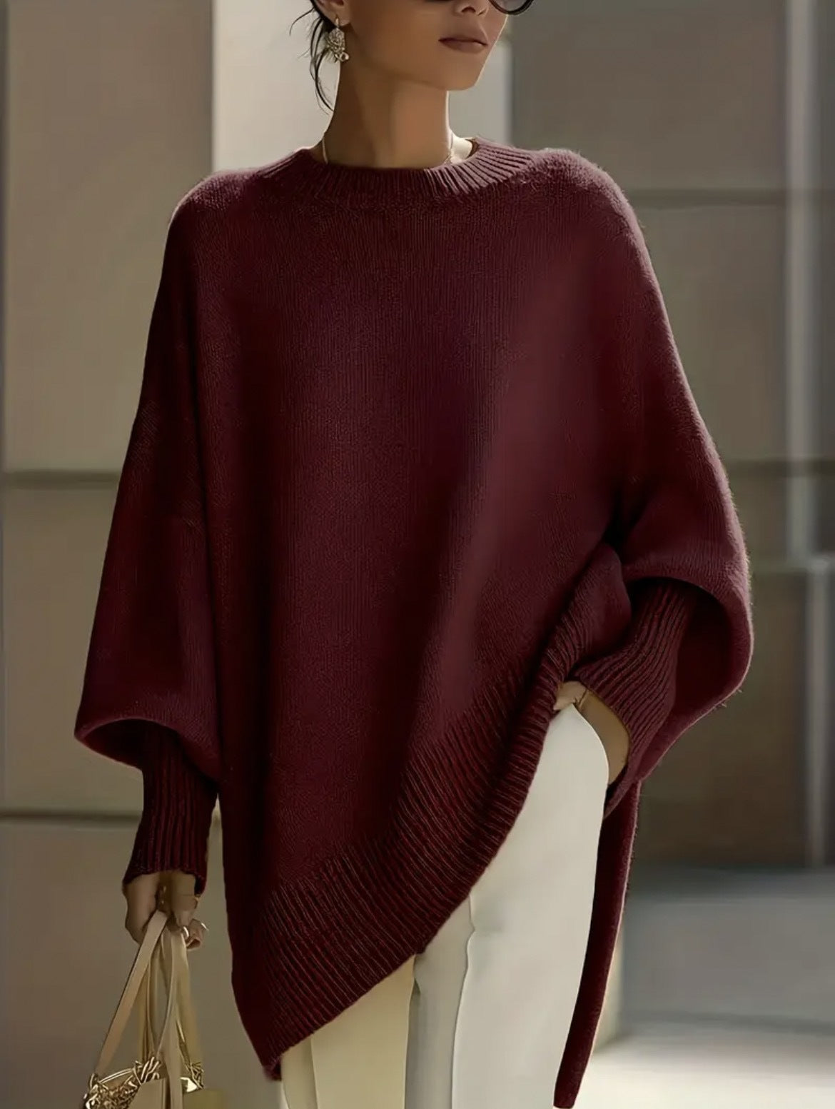 Oversized Crew Neck Knit Sweater Women, Loose Lazy Style Batwing Sleeve Asymmetric Hem Pullover Jumper