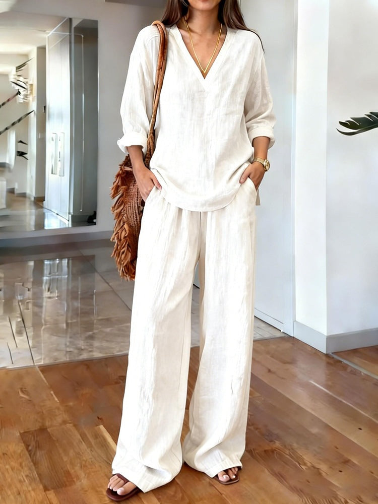 Women's V Neck 3/4 Sleeve Linen Look Two Piece Set, Loose Wide Leg Pants Casual Matching Outfit