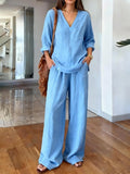 Women's V Neck 3/4 Sleeve Linen Look Two Piece Set, Loose Wide Leg Pants Casual Matching Outfit