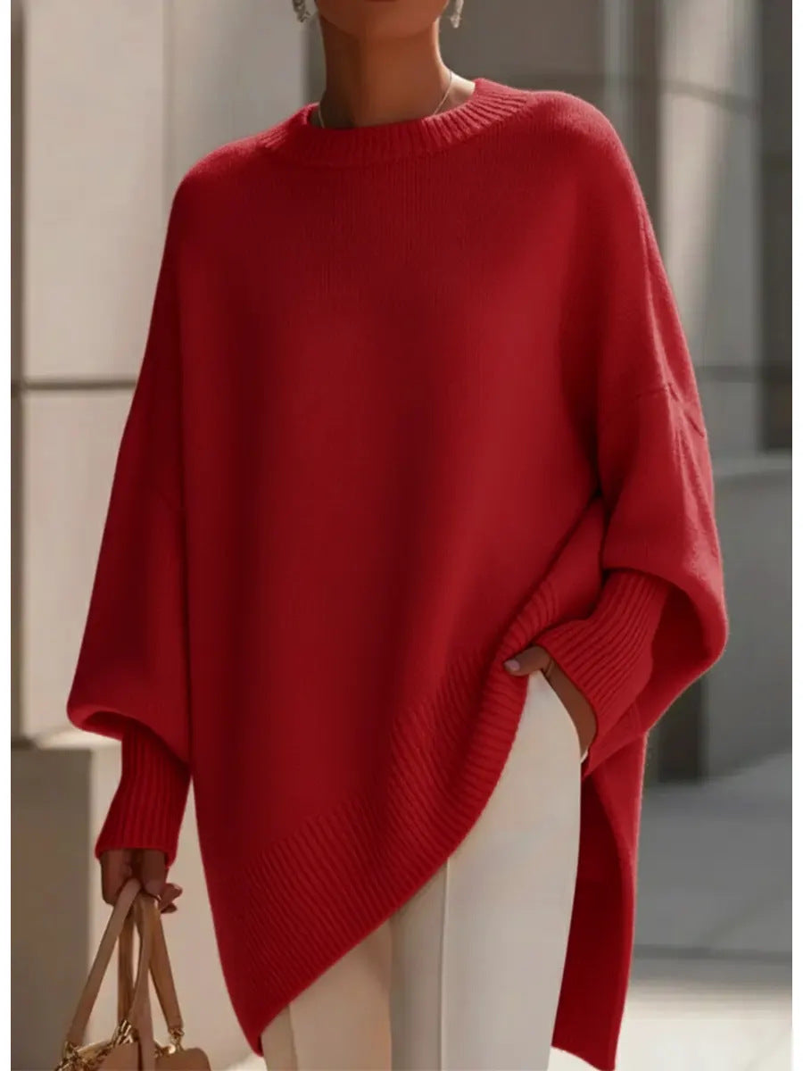 Oversized Crew Neck Knit Sweater Women, Loose Lazy Style Batwing Sleeve Asymmetric Hem Pullover Jumper