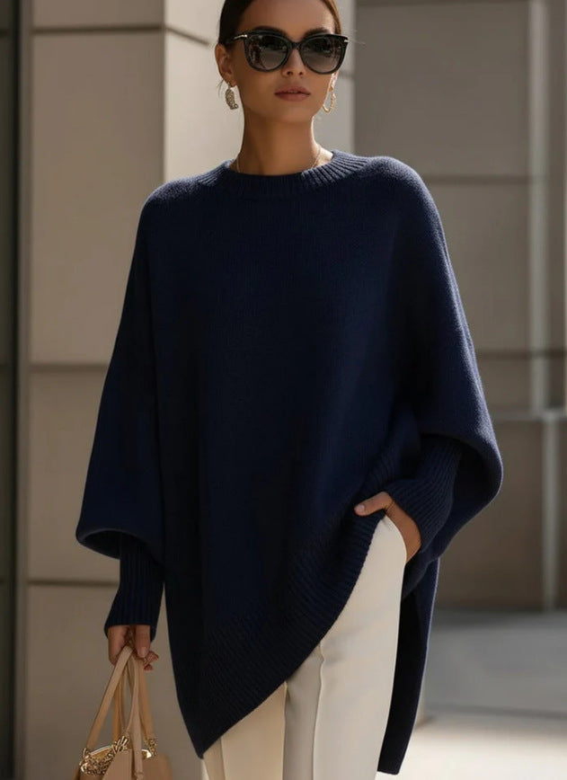 Oversized Crew Neck Knit Sweater Women, Loose Lazy Style Batwing Sleeve Asymmetric Hem Pullover Jumper