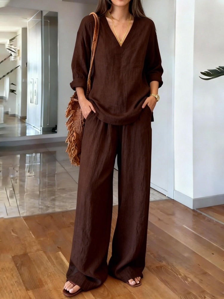 Women's V Neck 3/4 Sleeve Linen Look Two Piece Set, Loose Wide Leg Pants Casual Matching Outfit