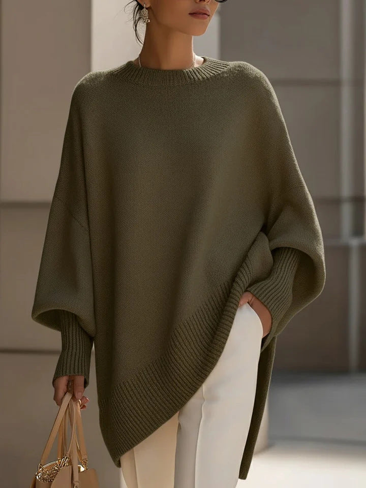 Oversized Crew Neck Knit Sweater Women, Loose Lazy Style Batwing Sleeve Asymmetric Hem Pullover Jumper