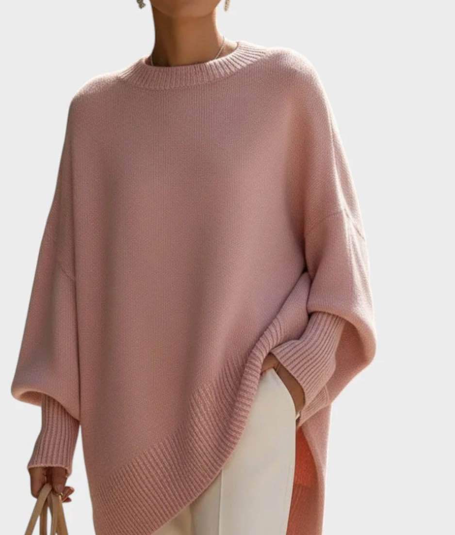 Oversized Crew Neck Knit Sweater Women, Loose Lazy Style Batwing Sleeve Asymmetric Hem Pullover Jumper