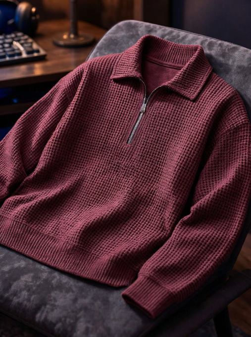 Men's Waffle Knit Quarter Zip Polo Sweatshirt